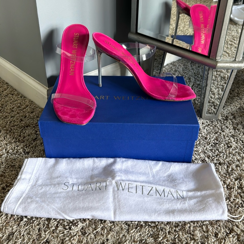 Stuart Weitzman lucite Aleena heel pink suede sz 8.5